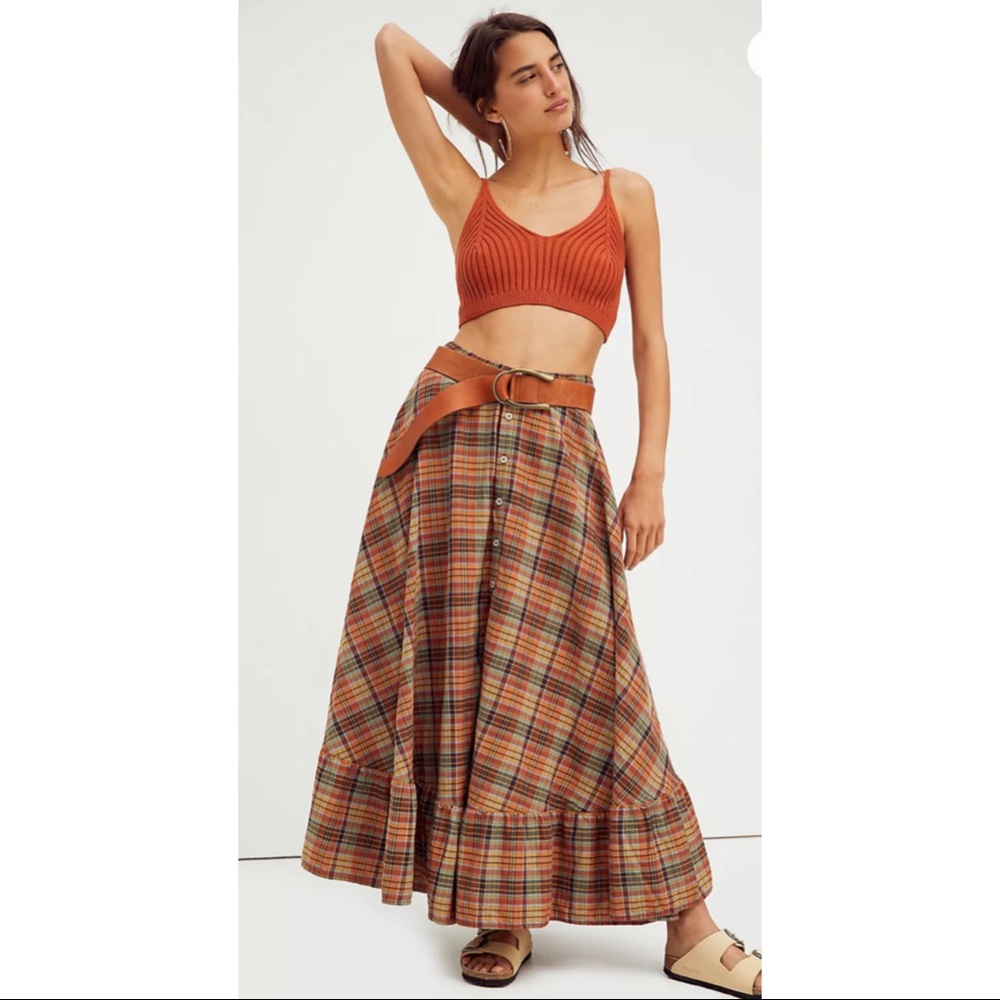 Free People Plaid Maxi Skirt in Orange and Brown